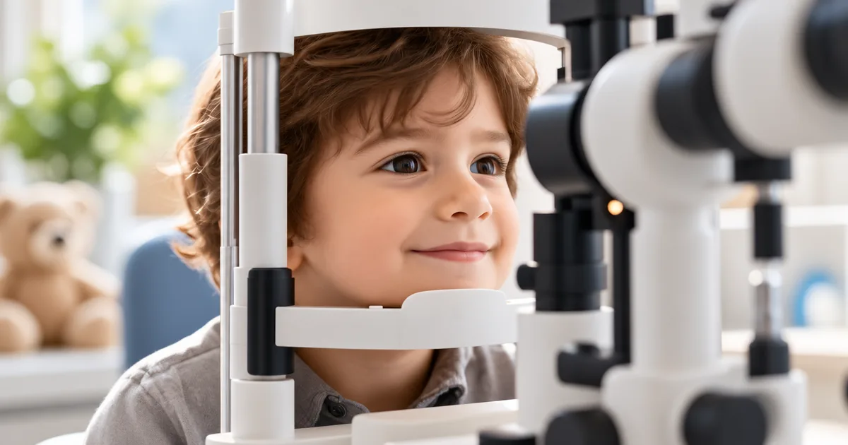 Child having an eye examination with an ophthalmic examination device