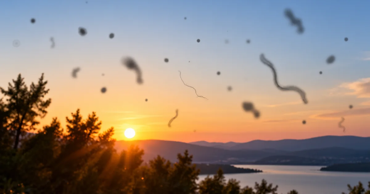 Black dots and thread-like shadows representing eye floaters over a bright sunset sky